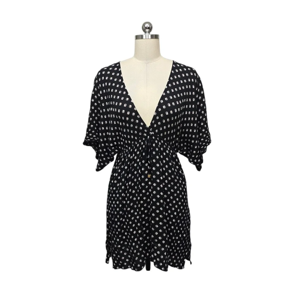 Tory Burch Black White Geometric Print V-Neck Drawstring Tunic Dress Women Small